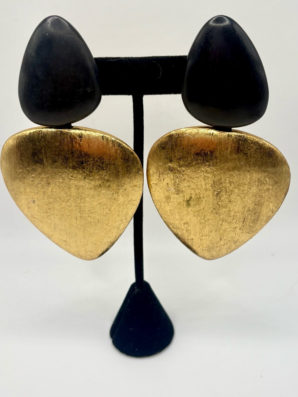MONIES Rare 4.5” Ebony Wood Gold Leaf Oversized Statement Clip Earrings